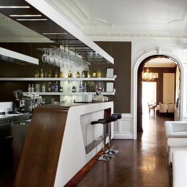 Hotel Bar Design White Angled Wood Top