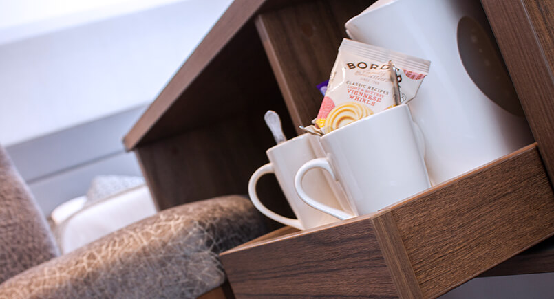 Wooden hotel bedroom pull out tea and coffee draw